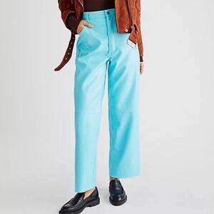 Free People The It Factor Pant Vegan Leather High Rise Straight Leg Blue Size 00